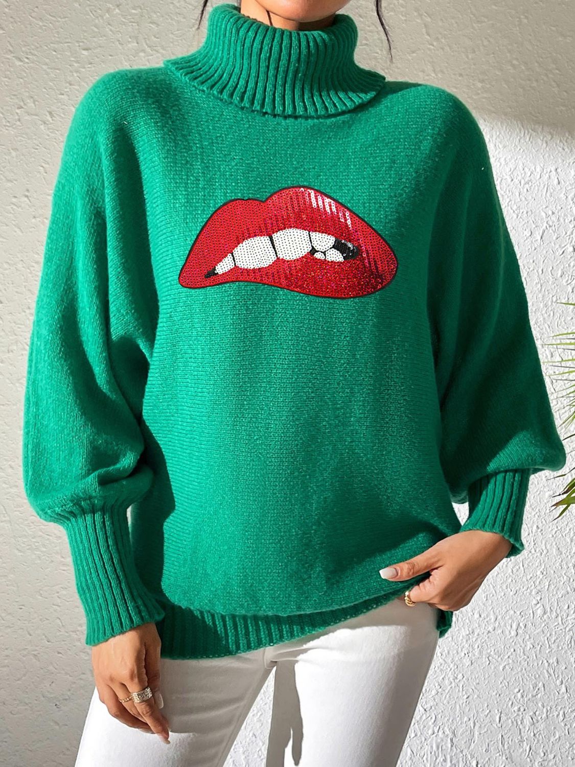 Lip Turtleneck Long Sleeve Sweater-Angel Casuals