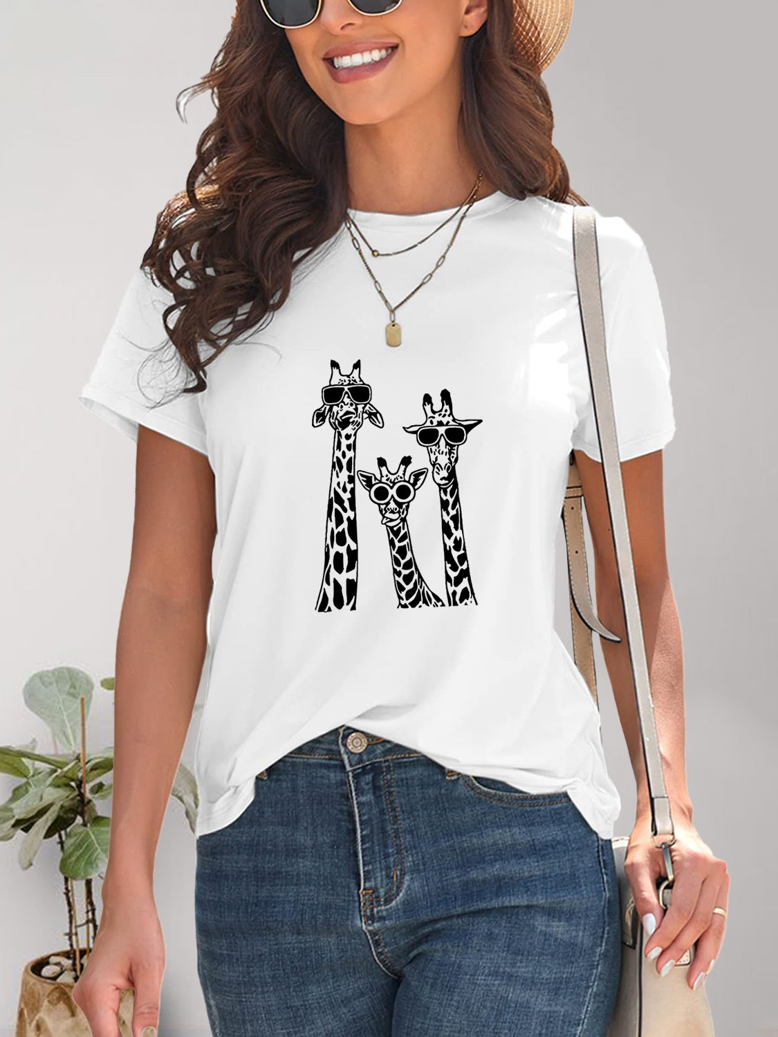 Giraffe Graphic Round Neck T-Shirt-Angel Casuals