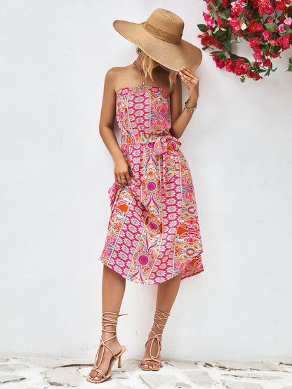 Printed Strapless Tie Belt Dress-Angel Casuals