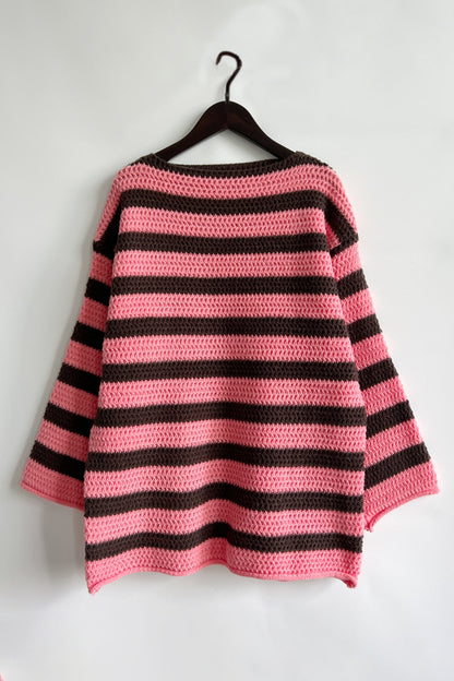 Striped Round Neck Dropped Shoulder Sweater-Angel Casuals