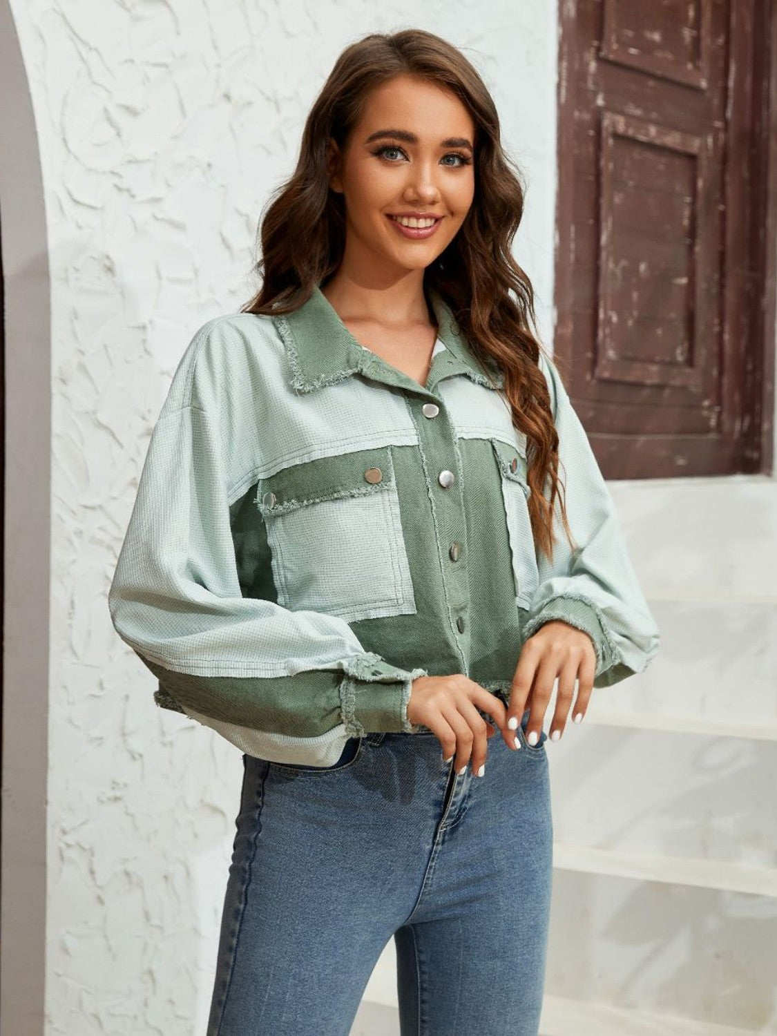 Color Block Crop Jacket with Pockets-Angel Casuals