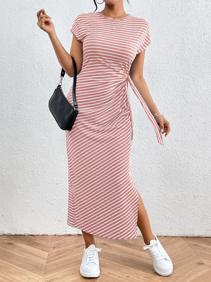 Tied Striped Round Neck Short Sleeve Tee Dress-Angel Casuals