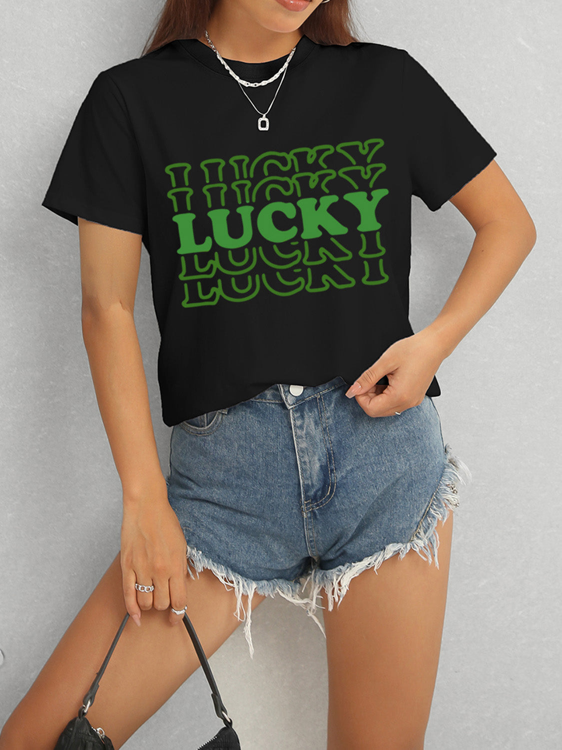 LUCKY Round Neck Short Sleeve T-Shirt-Angel Casuals