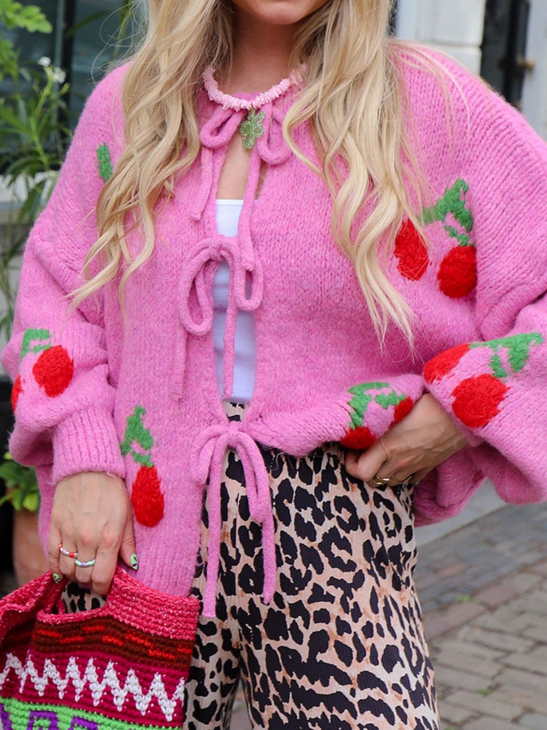 Tied Cherry Round Neck Long Sleeve Cardigan-Angel Casuals