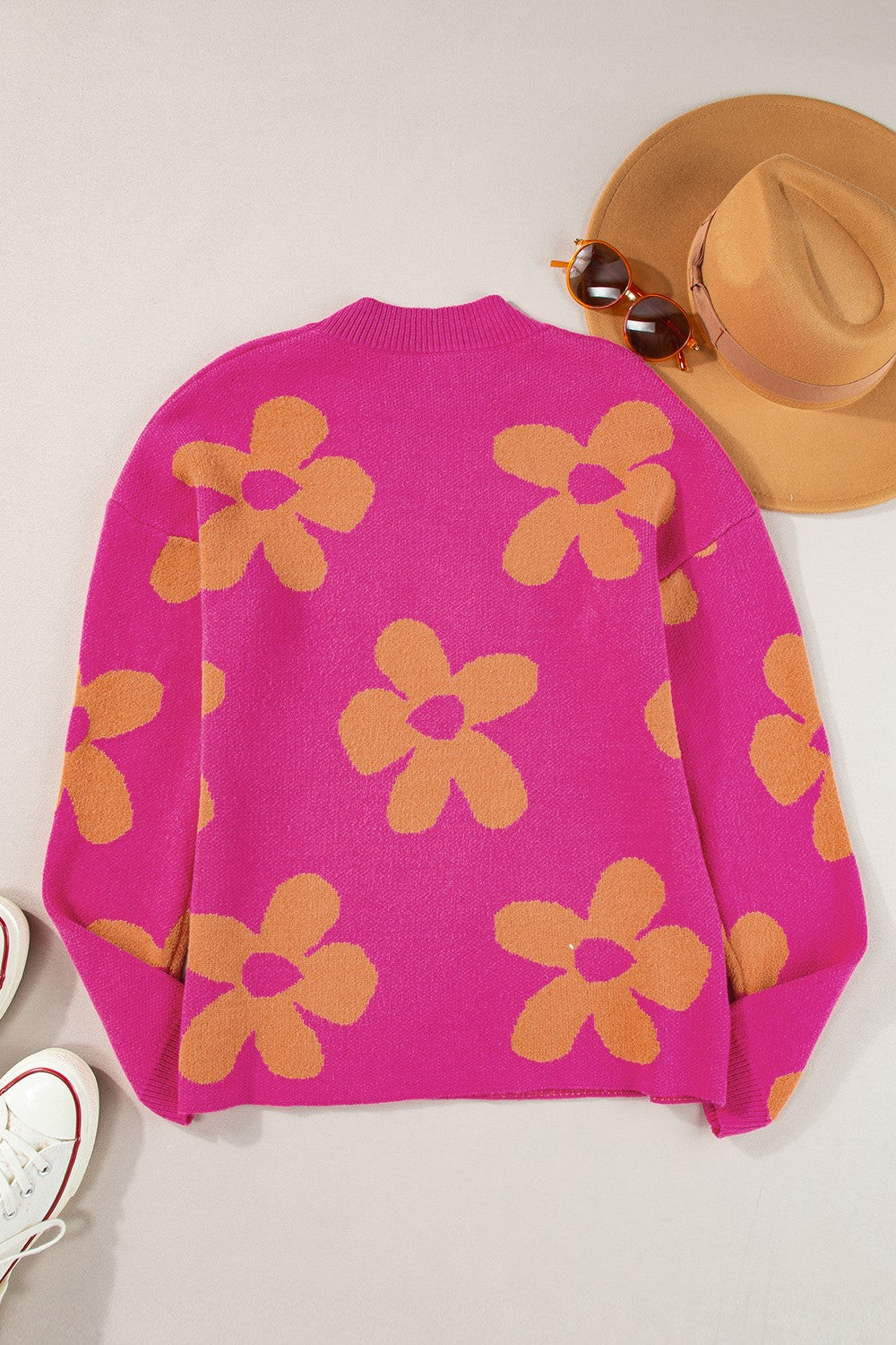 Flower Round Neck Long Sleeve Sweater-Angel Casuals