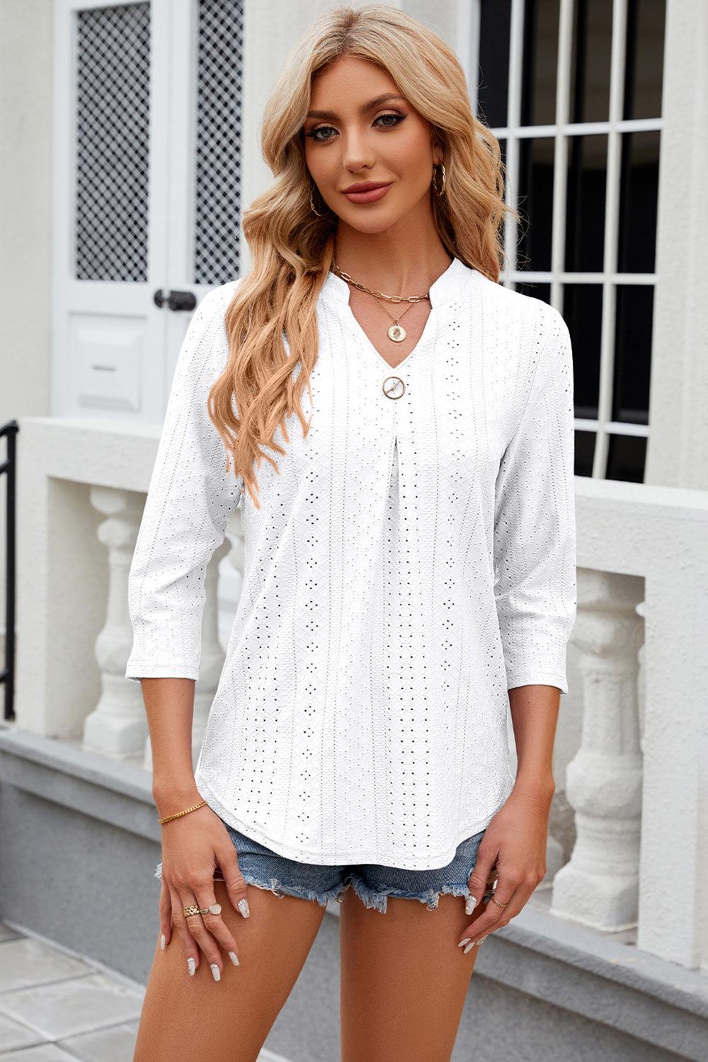 Eyelet Notched Knit Jacquard Top-Angel Casuals