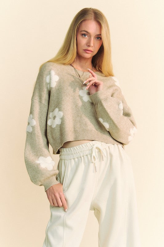 Davi & Dani Floral Drop Shoulder Cropped Sweater-Angel Casuals