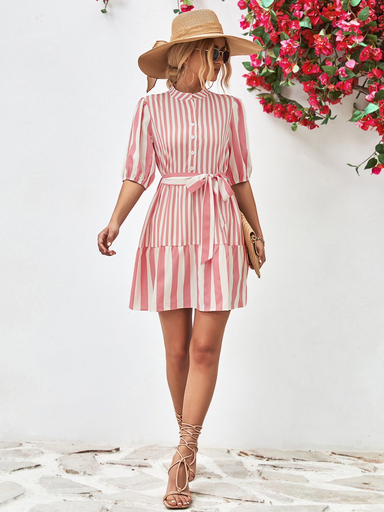 Striped Half Sleeve Tie Waist Mini Dress-Angel Casuals