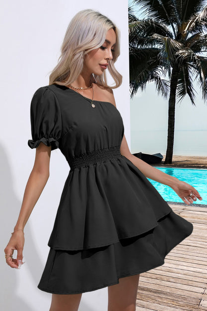 Layered Single Shoulder Flounce Sleeve Mini Dress-Angel Casuals