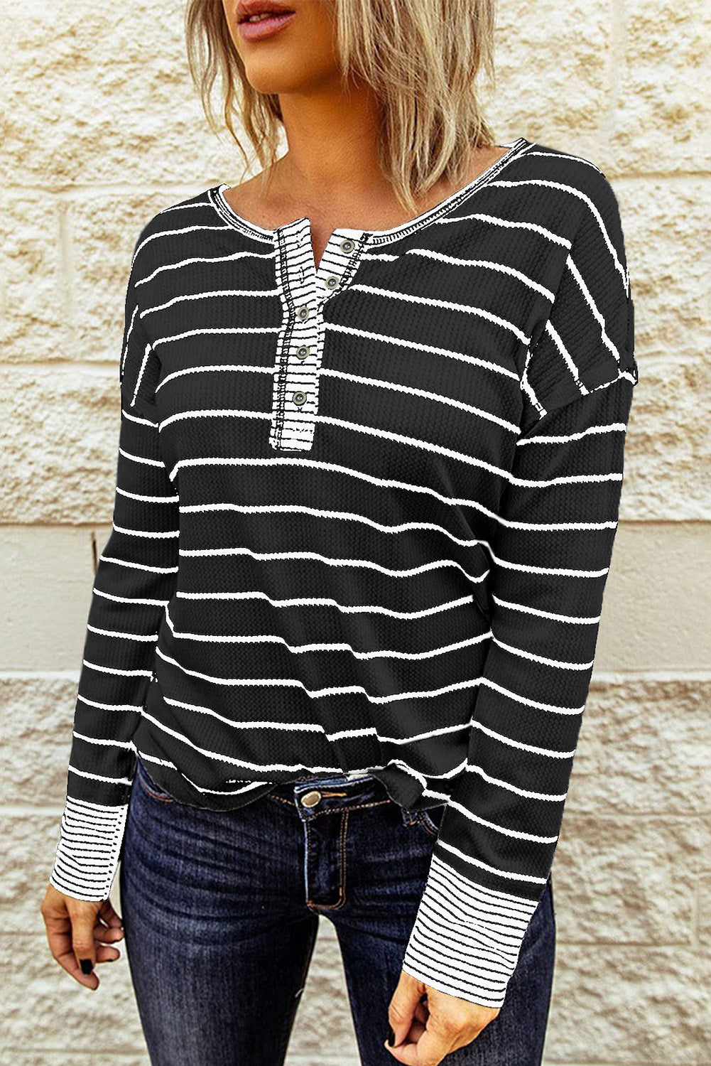 Striped Waffle Knit Henley Long Sleeve Top-Angel Casuals