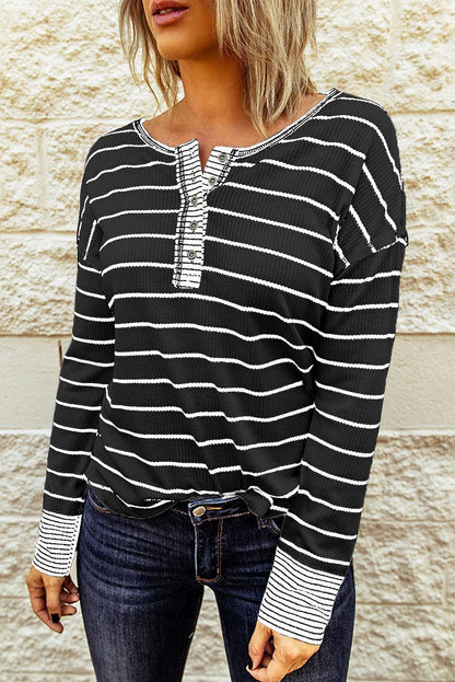 Striped Waffle Knit Henley Long Sleeve Top-Angel Casuals