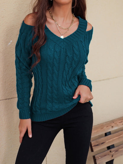 Honey Cable-Knit V-Neck Cold Shoulder Sweater-Angel Casuals