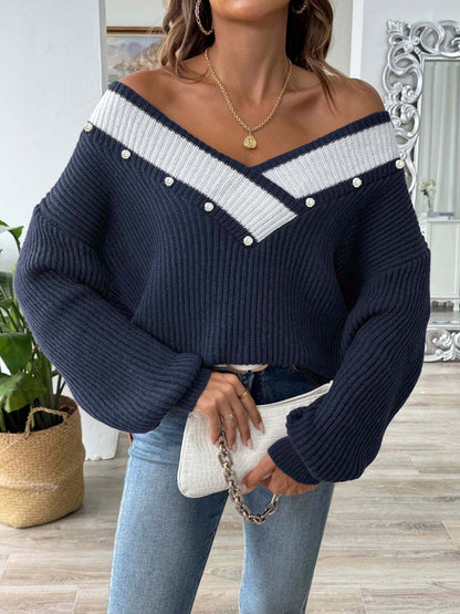 Contrast Trim Dropped Shoulder Long Sleeve Sweater-Angel Casuals