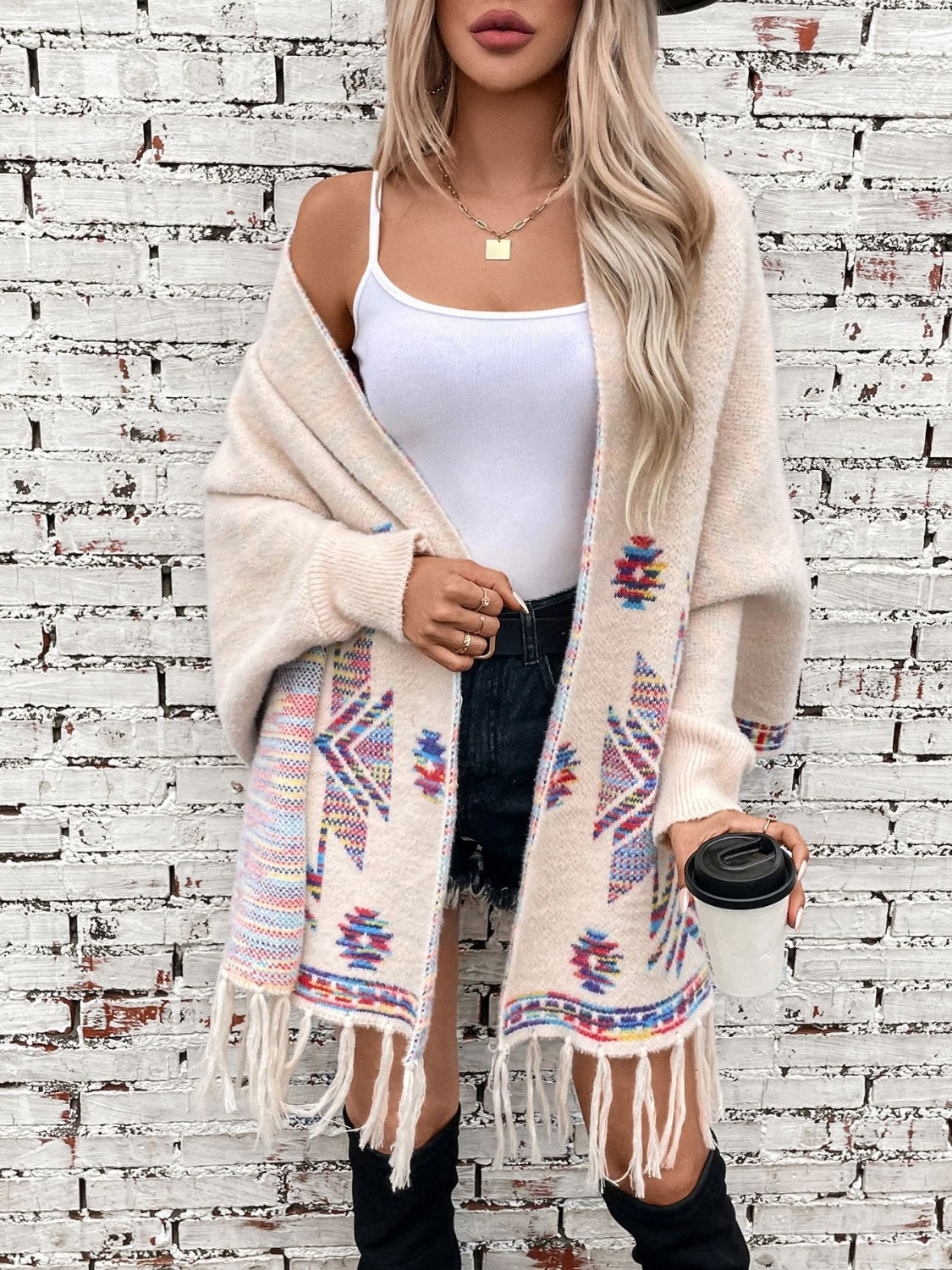 Fringe Geometric Open Front Long Sleeve Cape-Angel Casuals