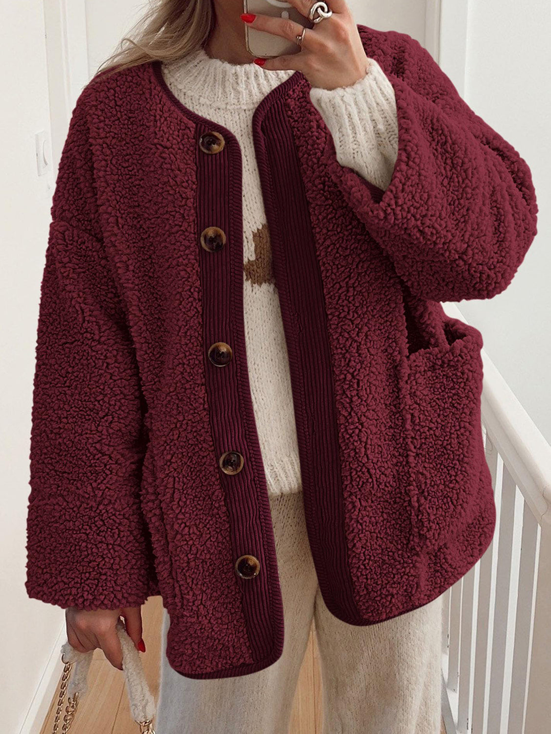 Contrast Button Up Sherpa Jacket with Pockets-Angel Casuals