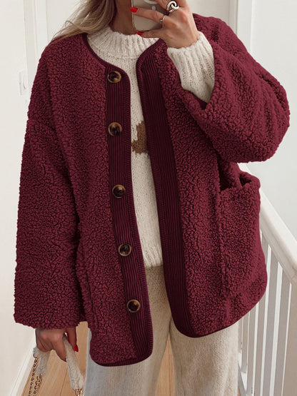 Contrast Button Up Sherpa Jacket with Pockets-Angel Casuals