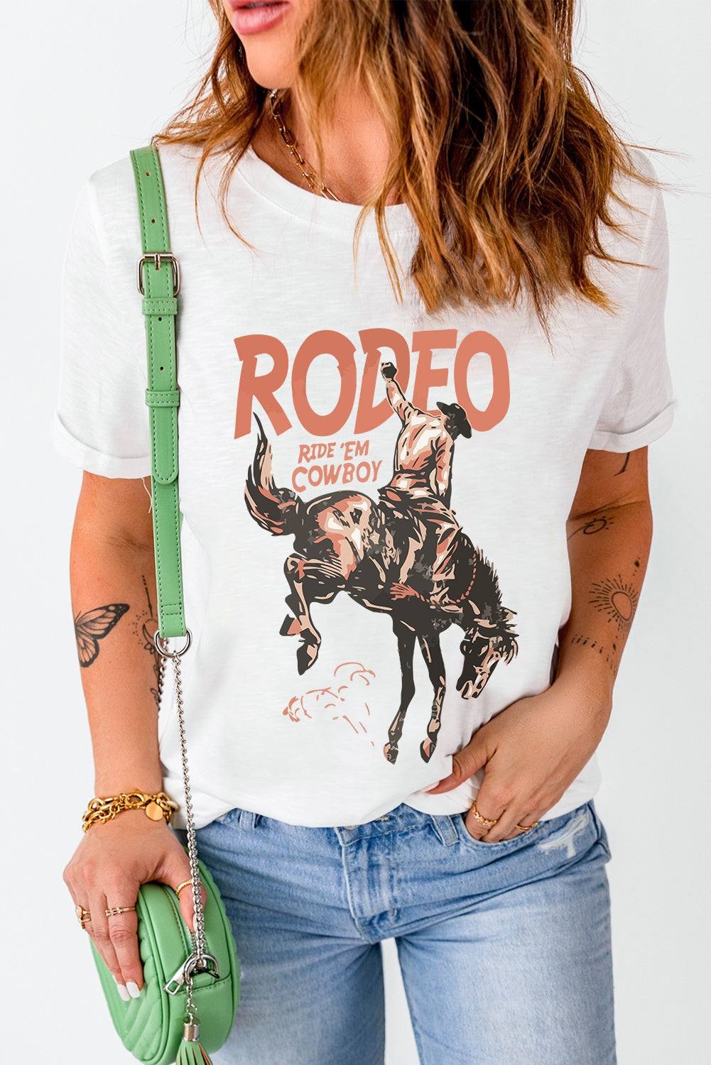 Cowboy Graphic Round Neck Short Sleeve T-Shirt-Angel Casuals