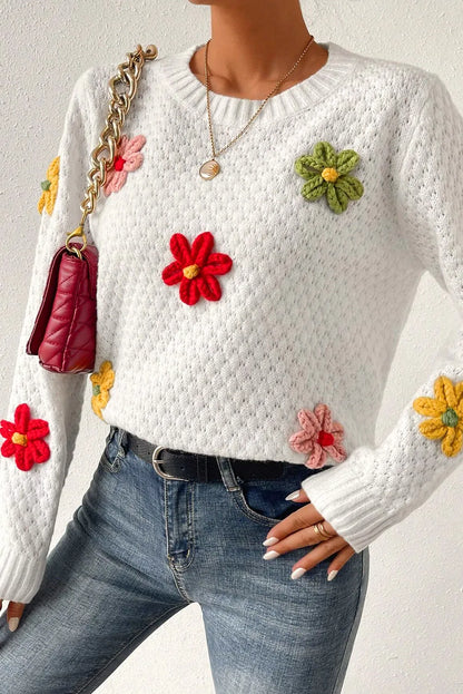 Crochet Flower Round Neck Sweater-Angel Casuals