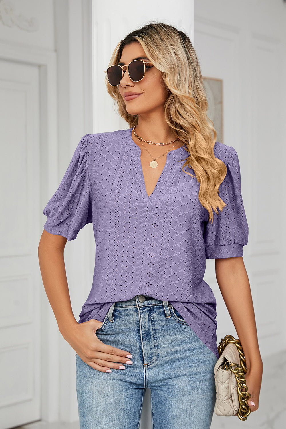 Eyelet Notched Short Sleeve T-Shirt-Angel Casuals
