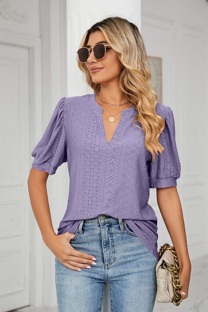 Eyelet Notched Short Sleeve T-Shirt-Angel Casuals