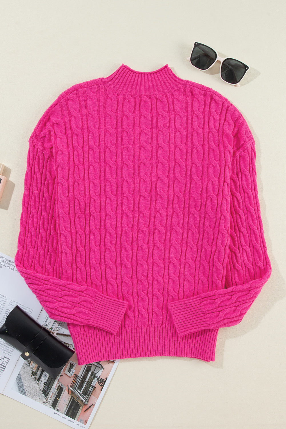Cable-Knit Mock Neck Long Sleeve Sweater-Angel Casuals
