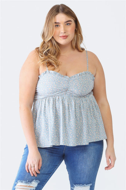 Zenobia Plus Size Frill Smocked Floral Sweetheart Neck Cami-Angel Casuals