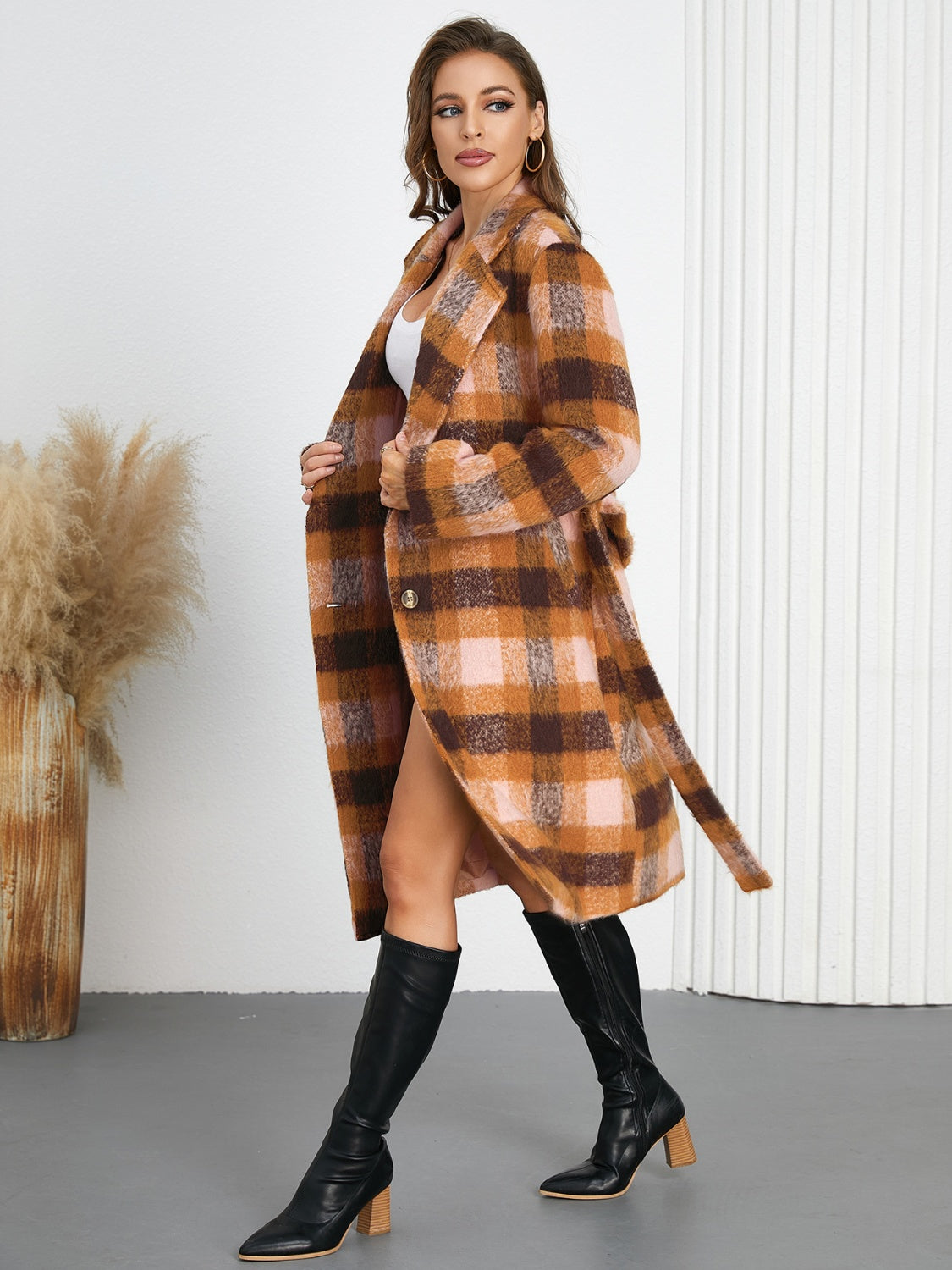 Tied Plaid Collared Neck Coat-Angel Casuals