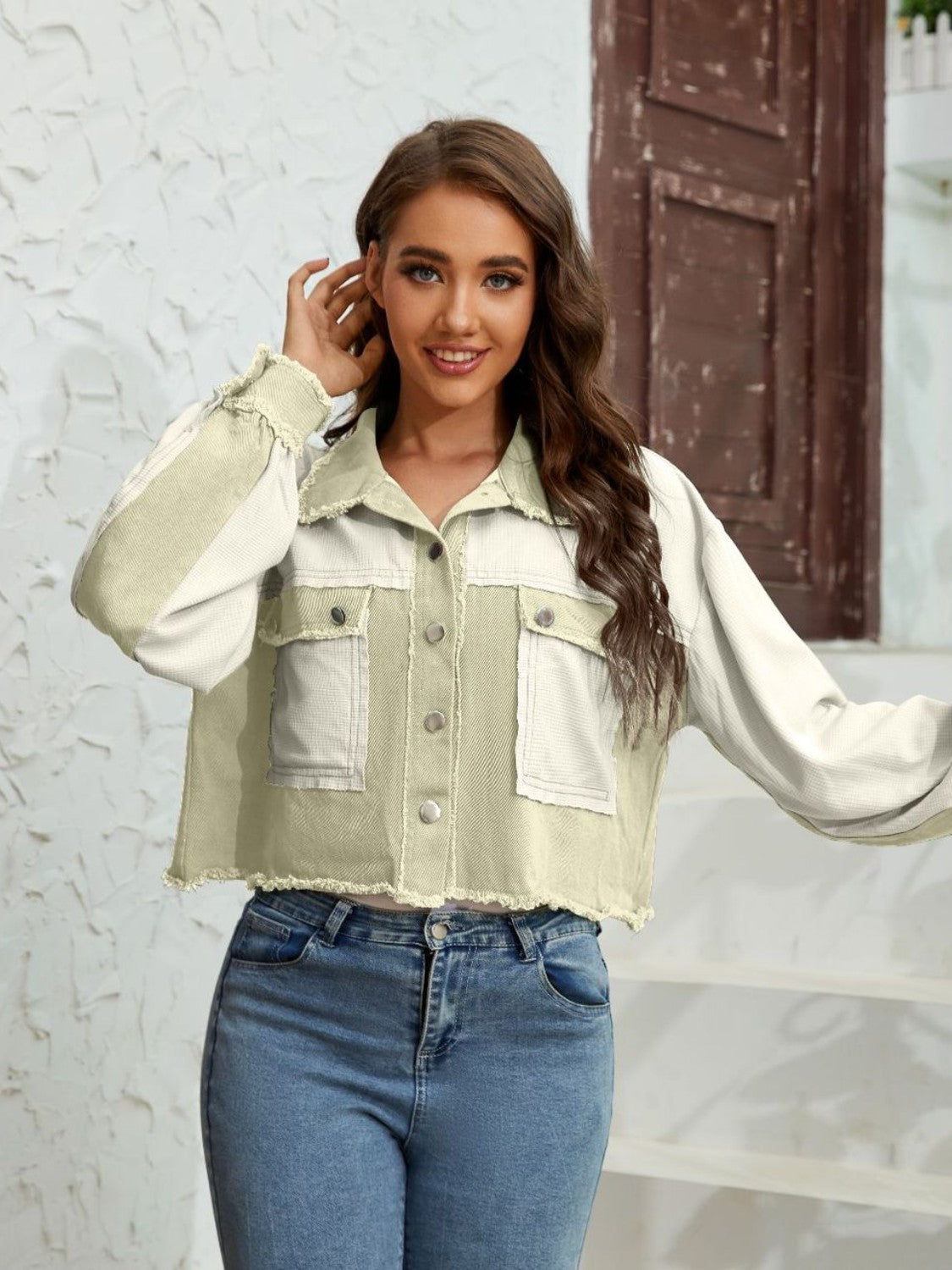 Color Block Crop Jacket with Pockets-Angel Casuals
