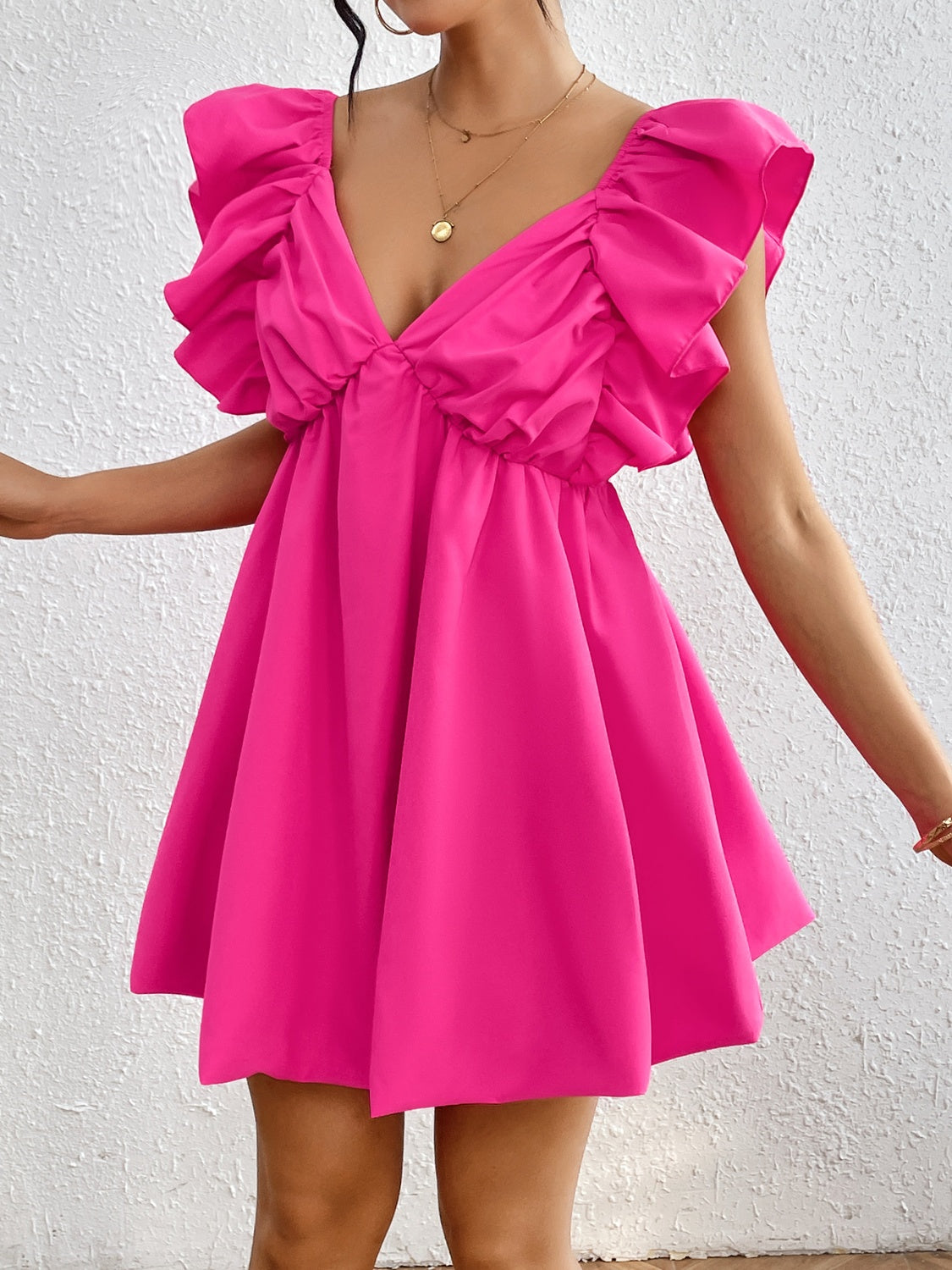 Ruffled V-Neck Cap Sleeve Mini Dress-Angel Casuals