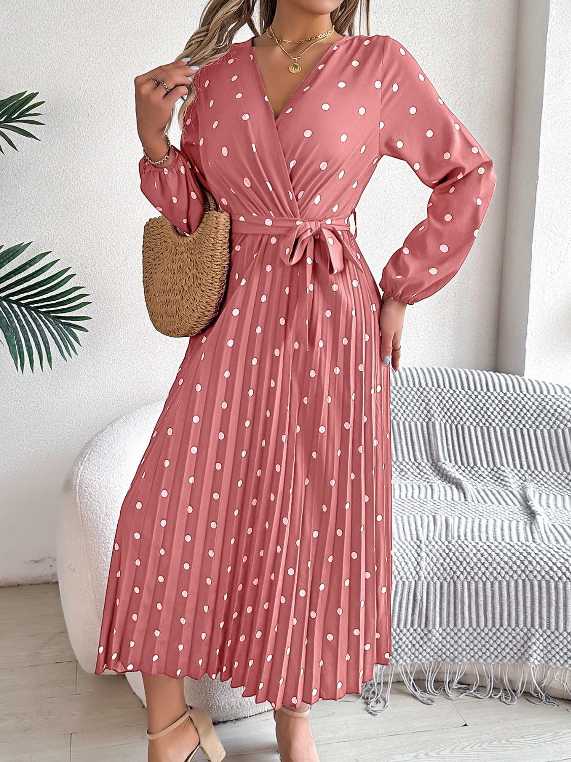 Tied Polka Dot Long Sleeve Midi Dress-Angel Casuals