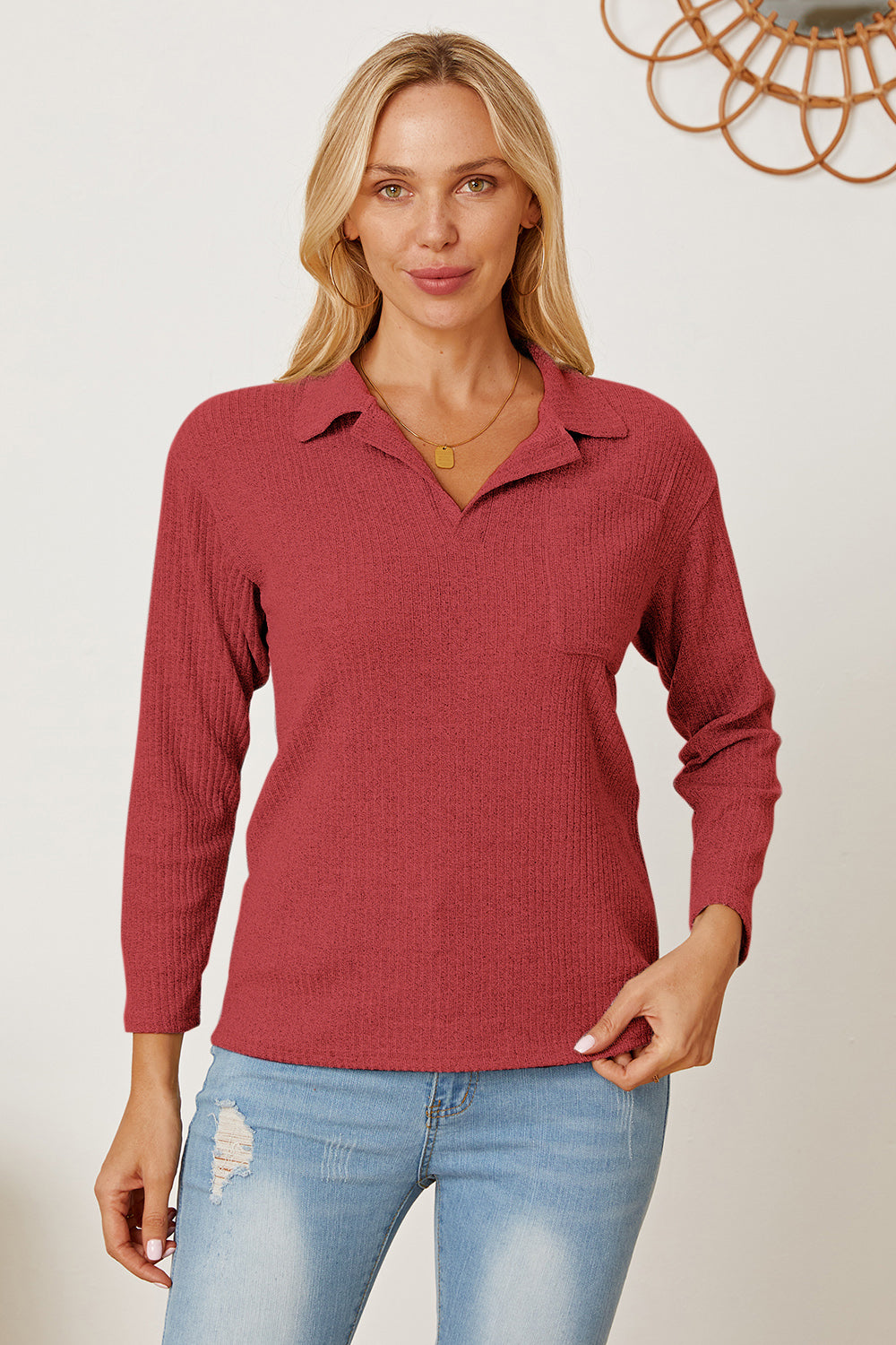 Collared Neck Dropped Shoulder T-Shirt-Angel Casuals
