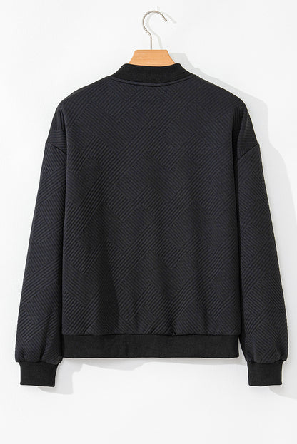 Texture Zip Up Baseball Collar Long Sleeve Jacket-Angel Casuals