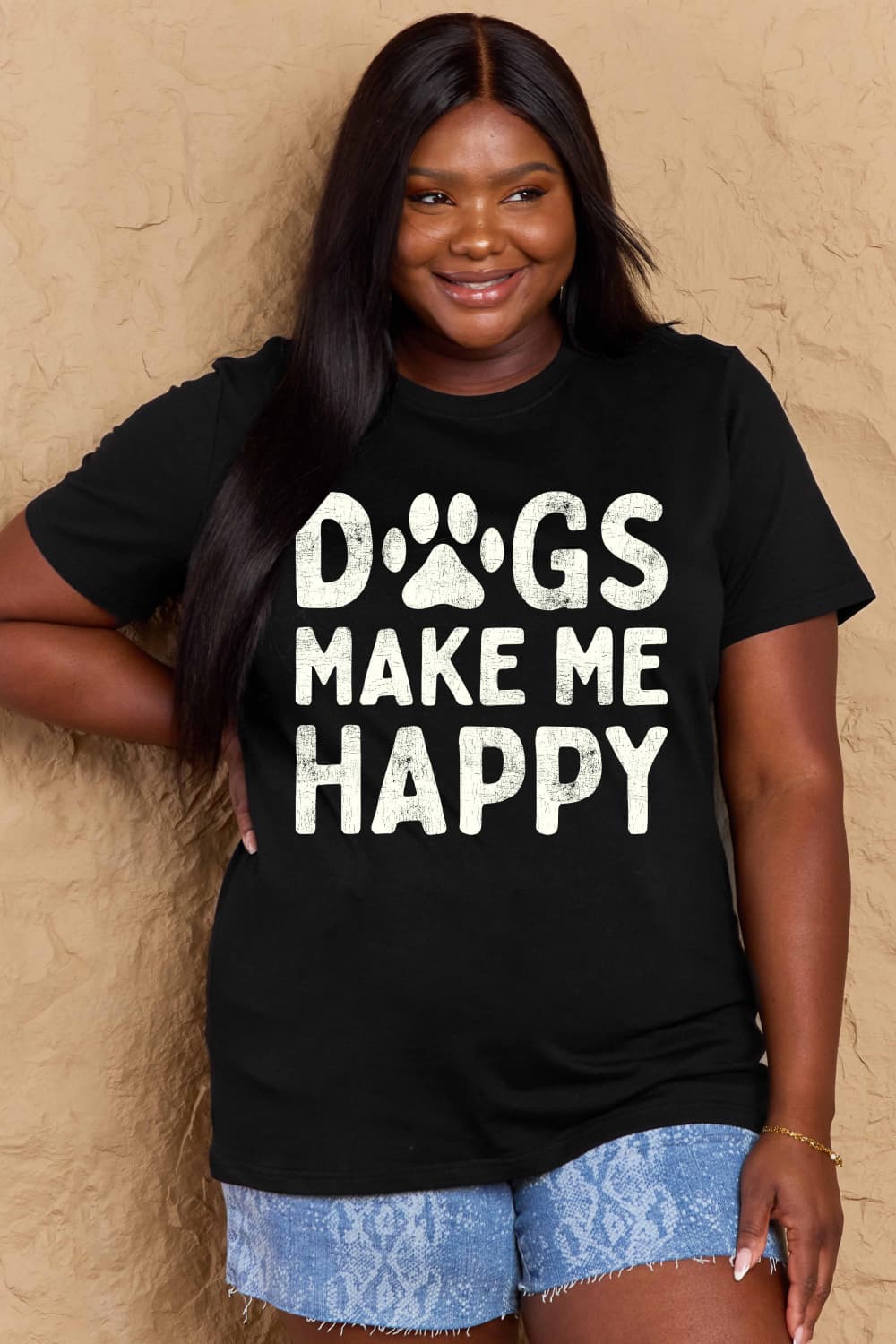 Simply Love Full Size DOGS MAKE ME HAPPY Graphic Cotton T-Shirt-Angel Casuals