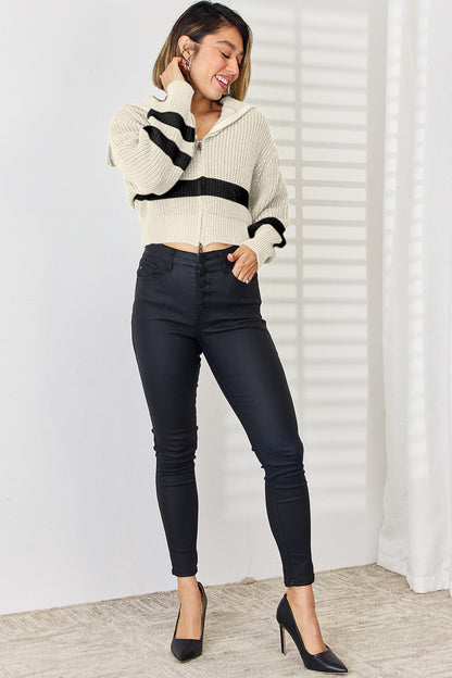 Striped Zip Up Dropped Shoulder Cardigan-Angel Casuals