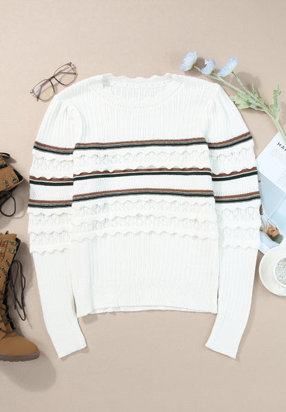 Striped Hollow Out Round Neck Long Sleeve Sweater-Angel Casuals