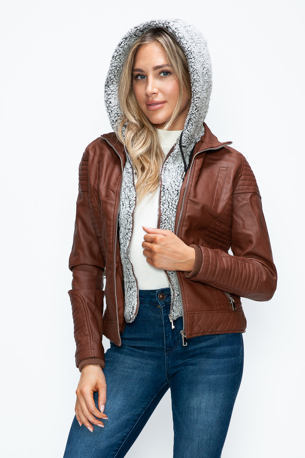 YMI Faux Layered Double-Zipper Jacket with Fuzzy Hood-Angel Casuals