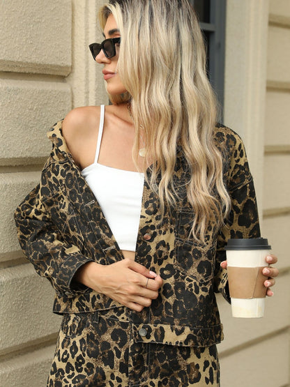 Pocketed Leopard Long Sleeve Denim Jacket-Angel Casuals