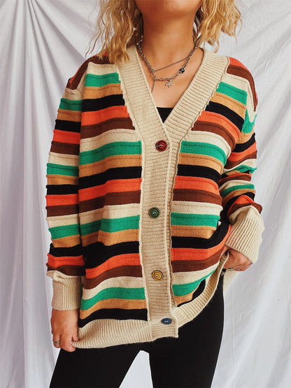 Contrast Stripes Button Up Long Sleeve Cardigan-Angel Casuals