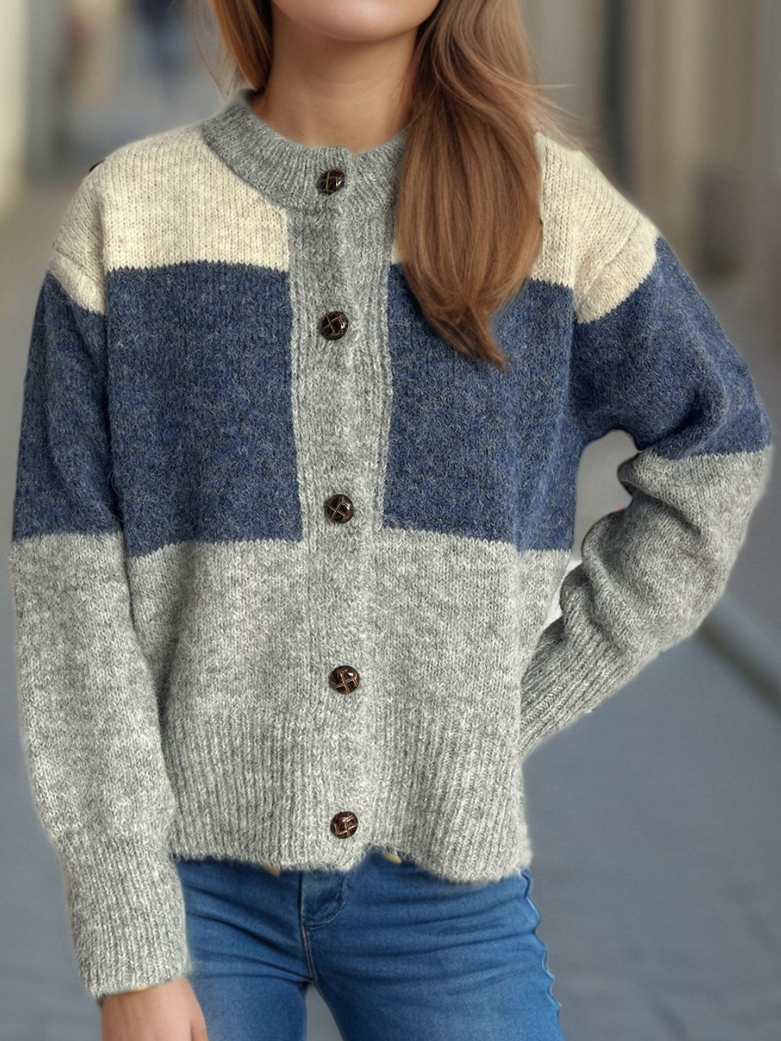 Color Block Round Neck Button Up Cardigan-Angel Casuals