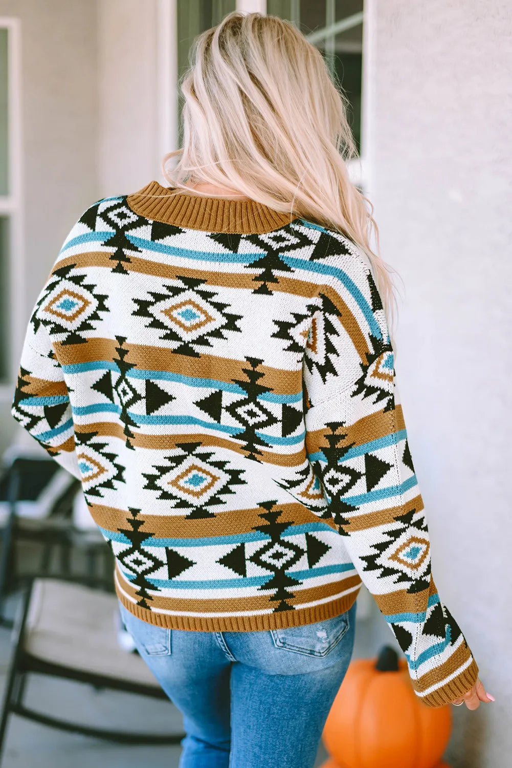 Full Size Geometric Round Neck Long Sleeve Sweater-Angel Casuals