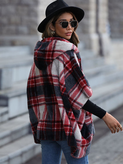 Plaid Hooded Coat with Pockets-Angel Casuals