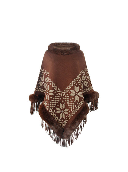 Fringe Geometric Cape Sleeve Poncho-Angel Casuals