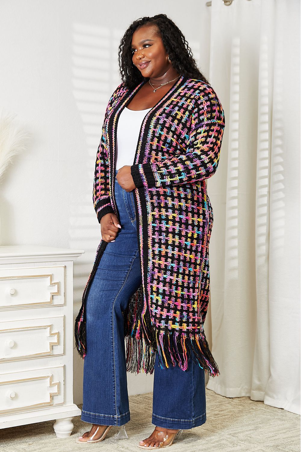 Full Size Multicolored Open Front Fringe Hem Cardigan-Angel Casuals