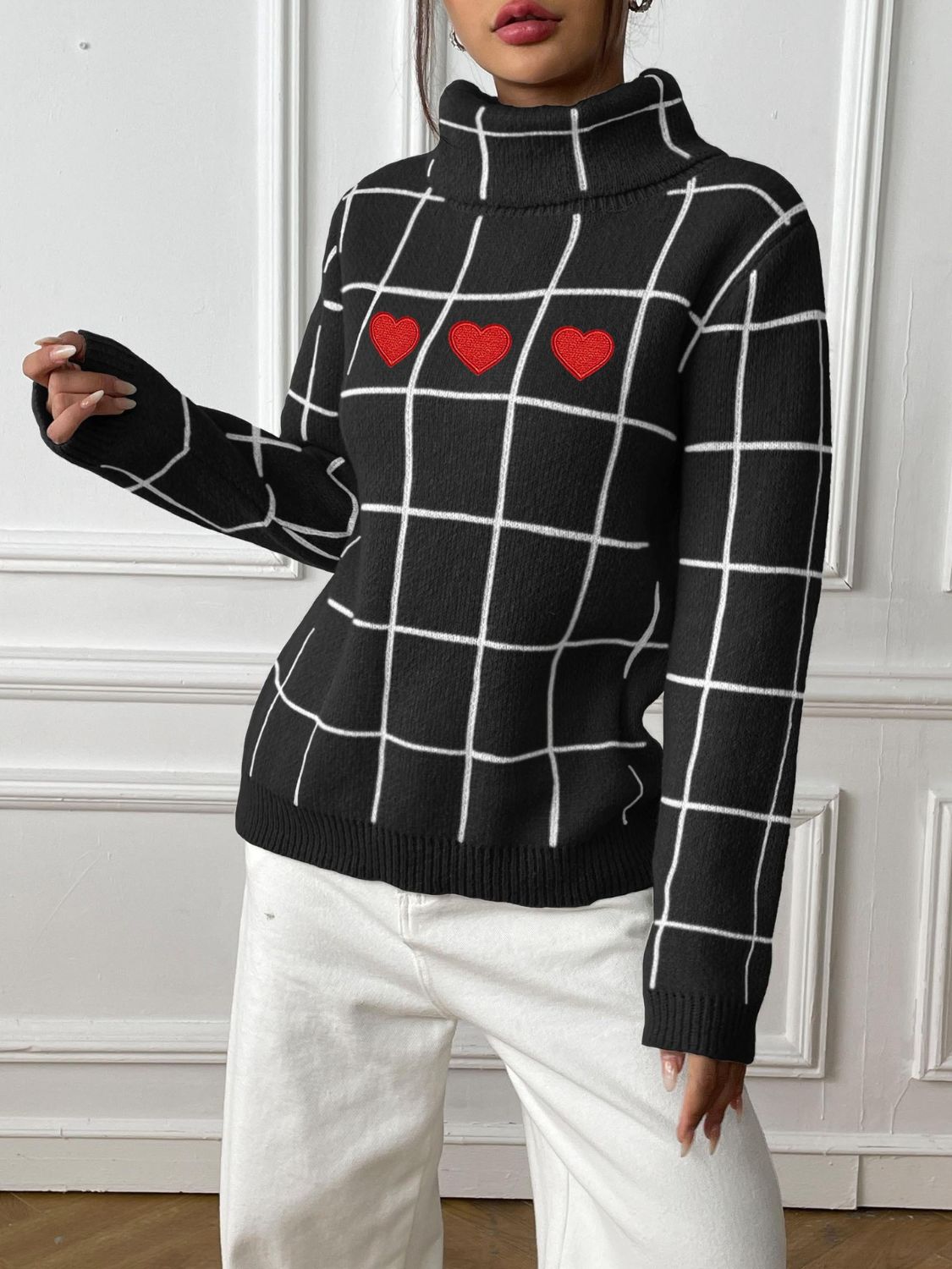 Heart Plaid Turtleneck Long Sleeve Sweater-Angel Casuals