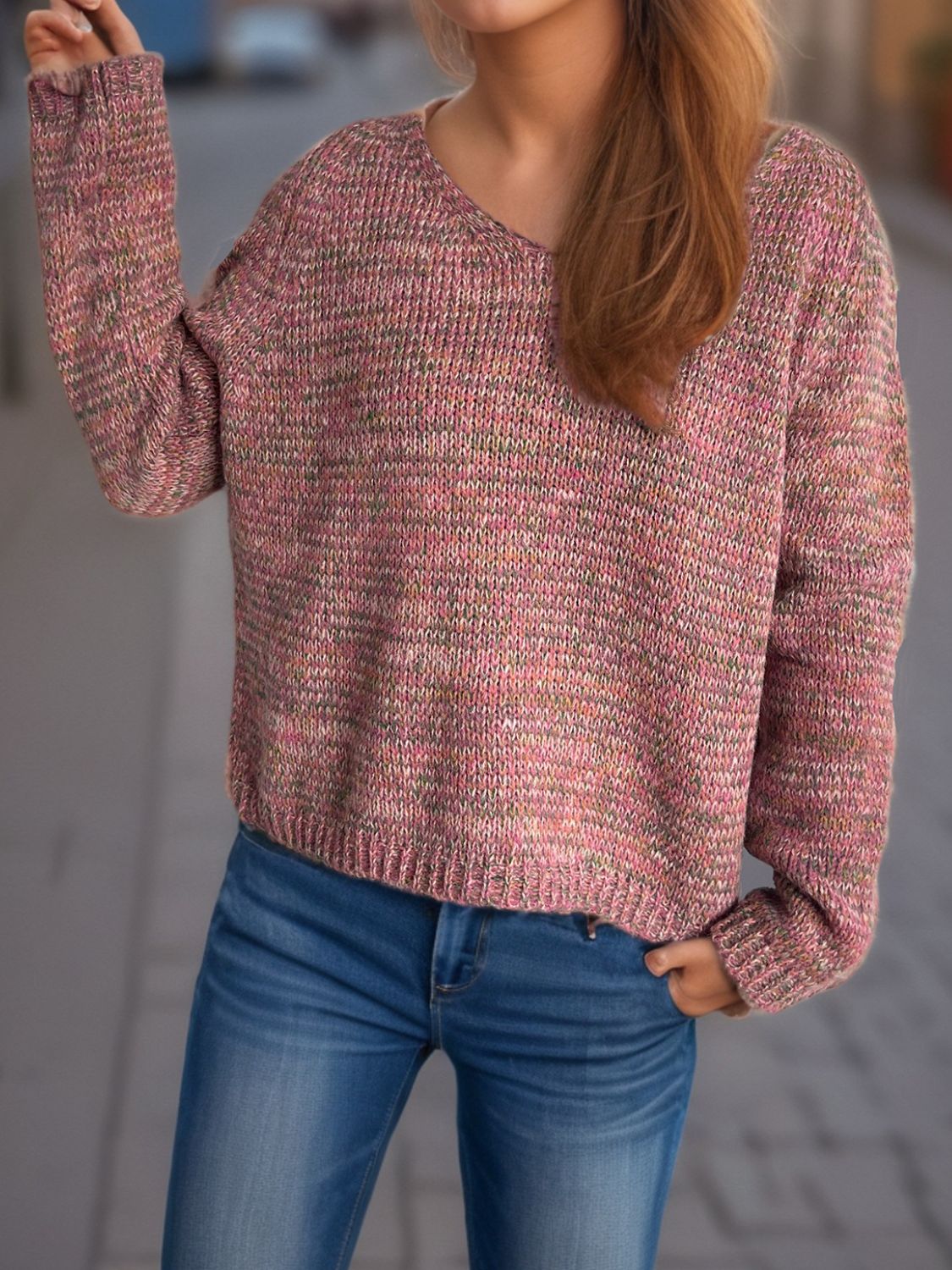 Heathered V-Neck Long Sleeve Sweater-Angel Casuals