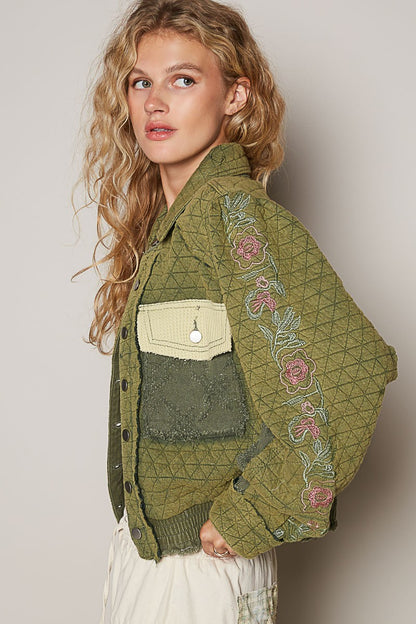 POL Embroidered Sleeve Raw Edge Quilted Jacket-Angel Casuals