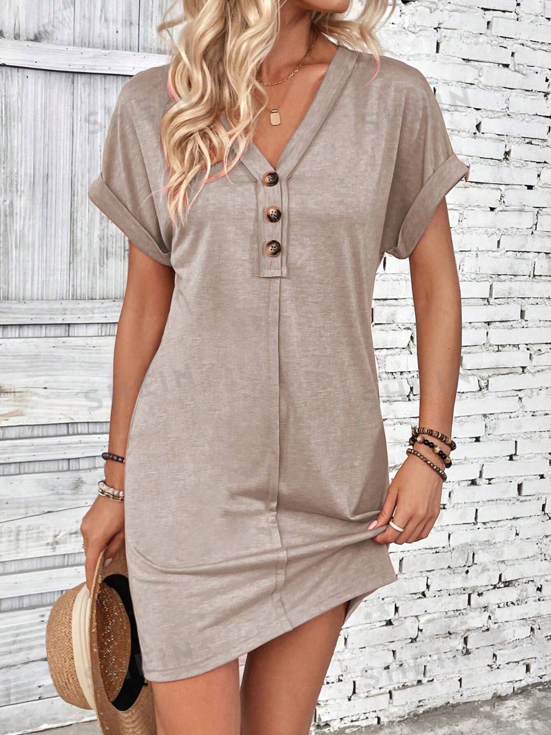 Quarter Button V-Neck Short Sleeve Dress-Angel Casuals