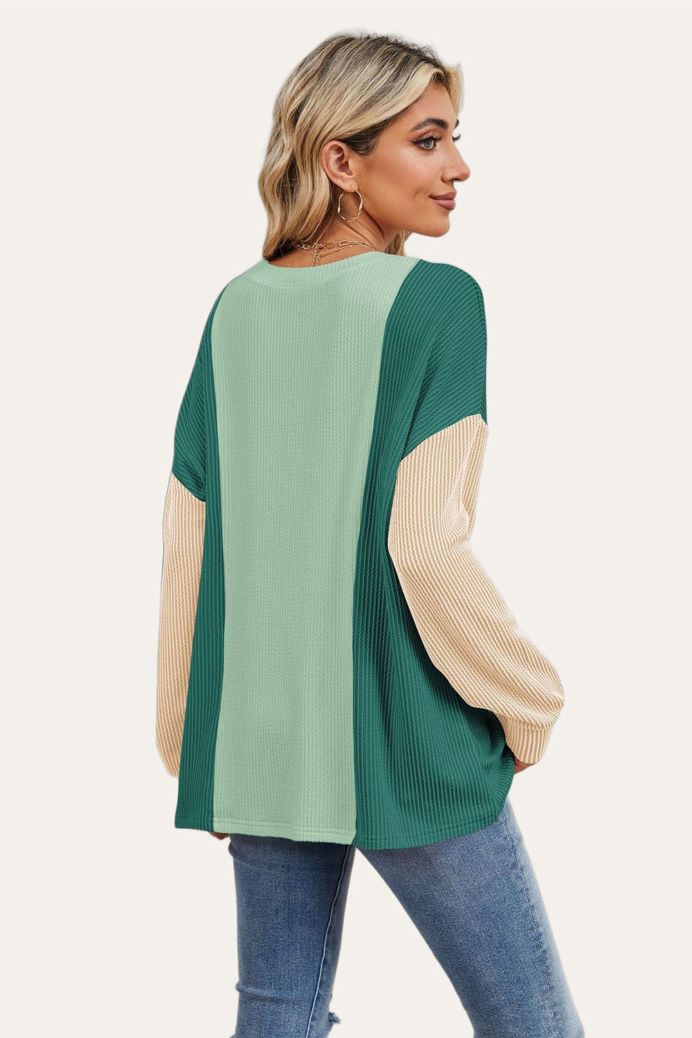Double Take Texture Contrast Round Neck Long Sleeve T-Shirt-Angel Casuals