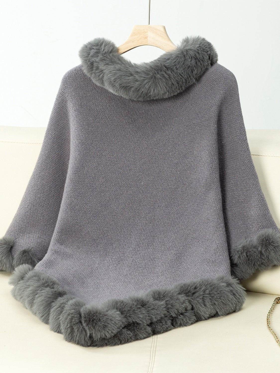 Fuzzy Trim Texture Three-Quarter Sleeve Poncho-Angel Casuals