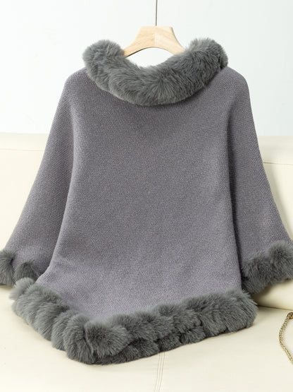 Fuzzy Trim Texture Three-Quarter Sleeve Poncho-Angel Casuals
